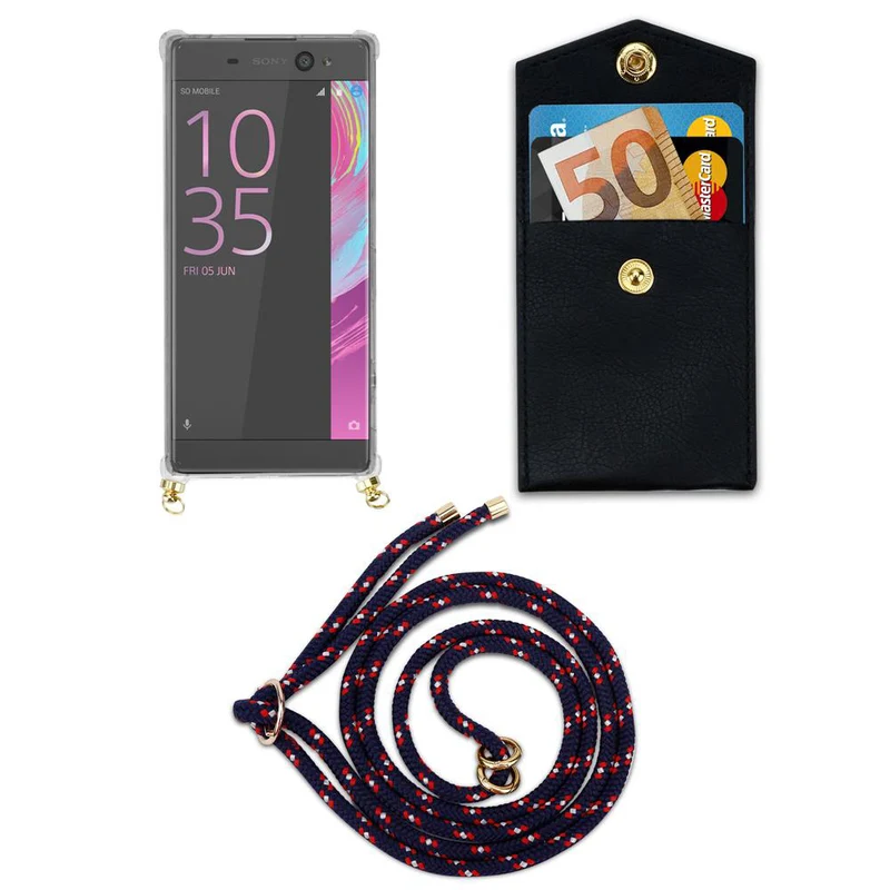 Cadorabo Handy Kette kompatibel mit Sony Xperia XA Silikon Schutzhülle mit Gold Ringen, Kordel Band und abnehmbarem Etui