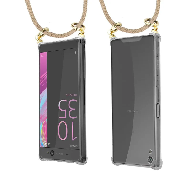 Cadorabo Handy Kette kompatibel mit Sony Xperia XA Silikon Schutzhülle mit Gold Ringen, Kordel Band und abnehmbarem Etui