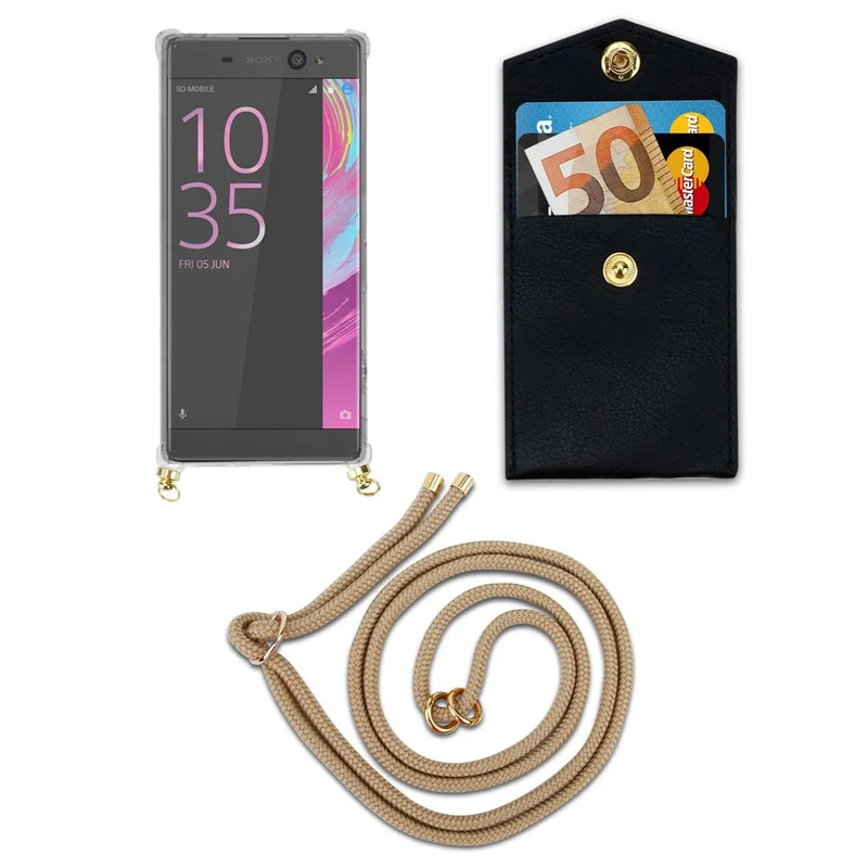 Cadorabo Handy Kette kompatibel mit Sony Xperia XA Silikon Schutzhülle mit Gold Ringen, Kordel Band und abnehmbarem Etui