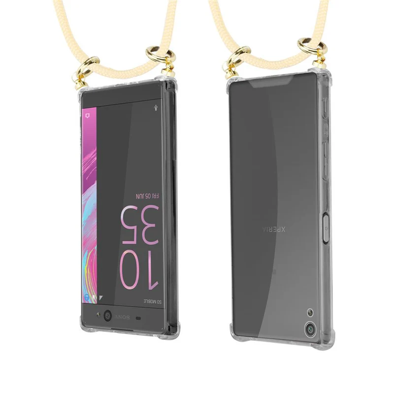 Cadorabo Handy Kette kompatibel mit Sony Xperia XA Silikon Schutzhülle mit Gold Ringen, Kordel Band und abnehmbarem Etui