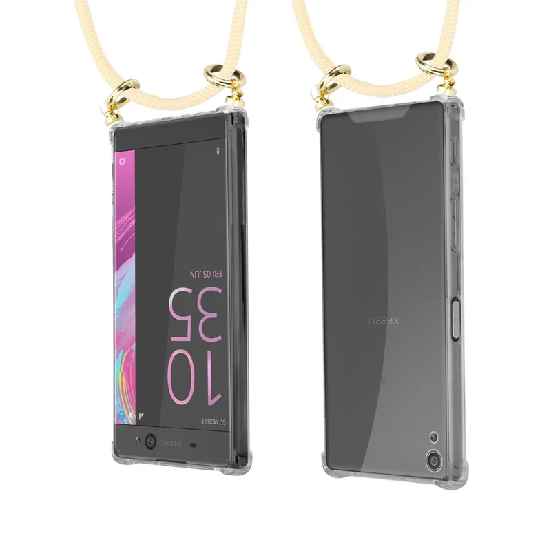 Cadorabo Handy Kette kompatibel mit Sony Xperia XA Silikon Schutzhülle mit Gold Ringen, Kordel Band und abnehmbarem Etui