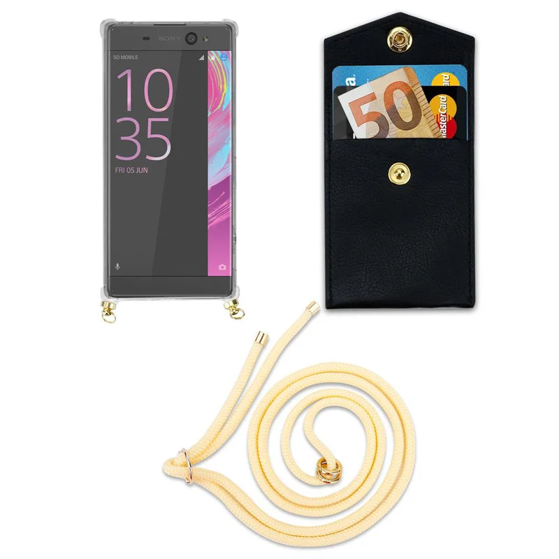 Cadorabo Handy Kette kompatibel mit Sony Xperia XA Silikon Schutzhülle mit Gold Ringen, Kordel Band und abnehmbarem Etui