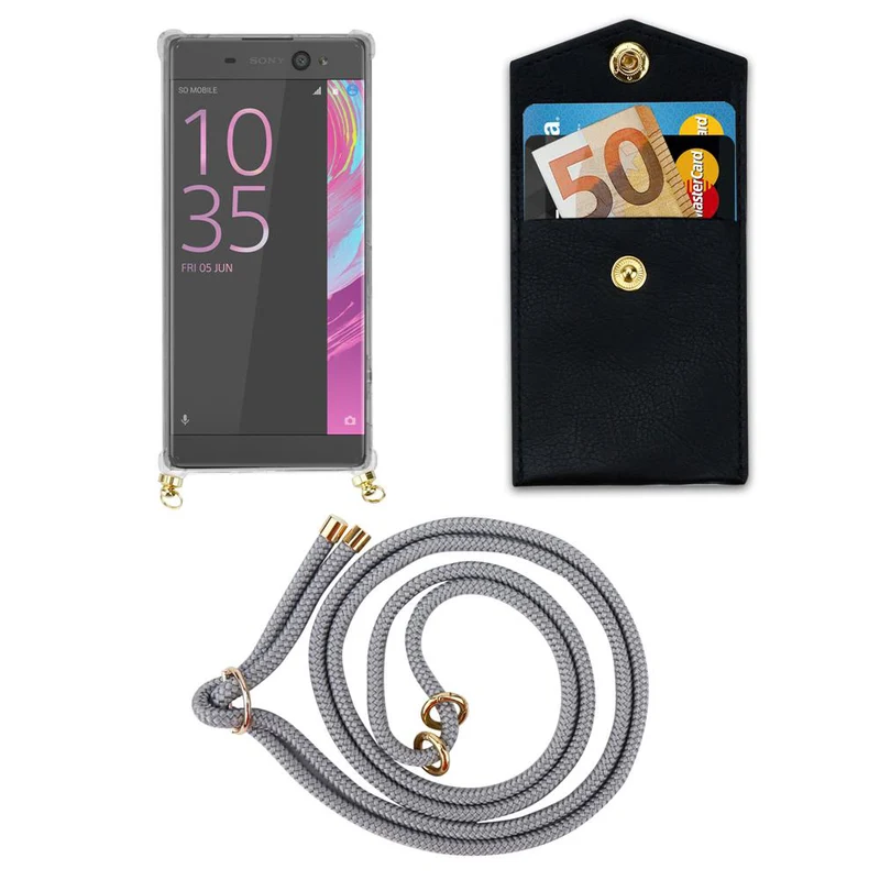 Cadorabo Handy Kette kompatibel mit Sony Xperia XA Silikon Schutzhülle mit Gold Ringen, Kordel Band und abnehmbarem Etui
