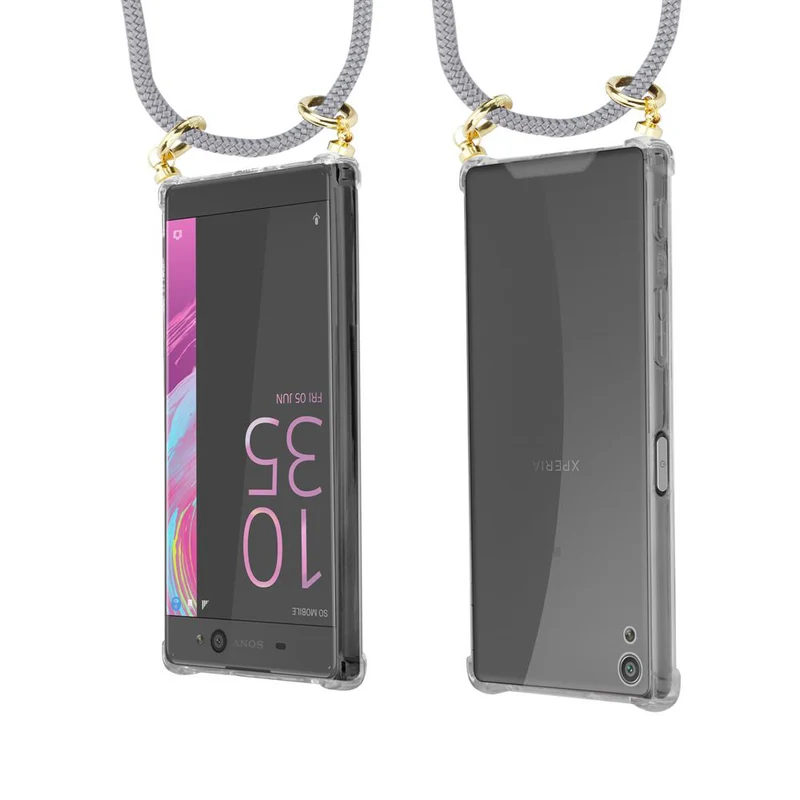 Cadorabo Handy Kette kompatibel mit Sony Xperia XA Silikon Schutzhülle mit Gold Ringen, Kordel Band und abnehmbarem Etui