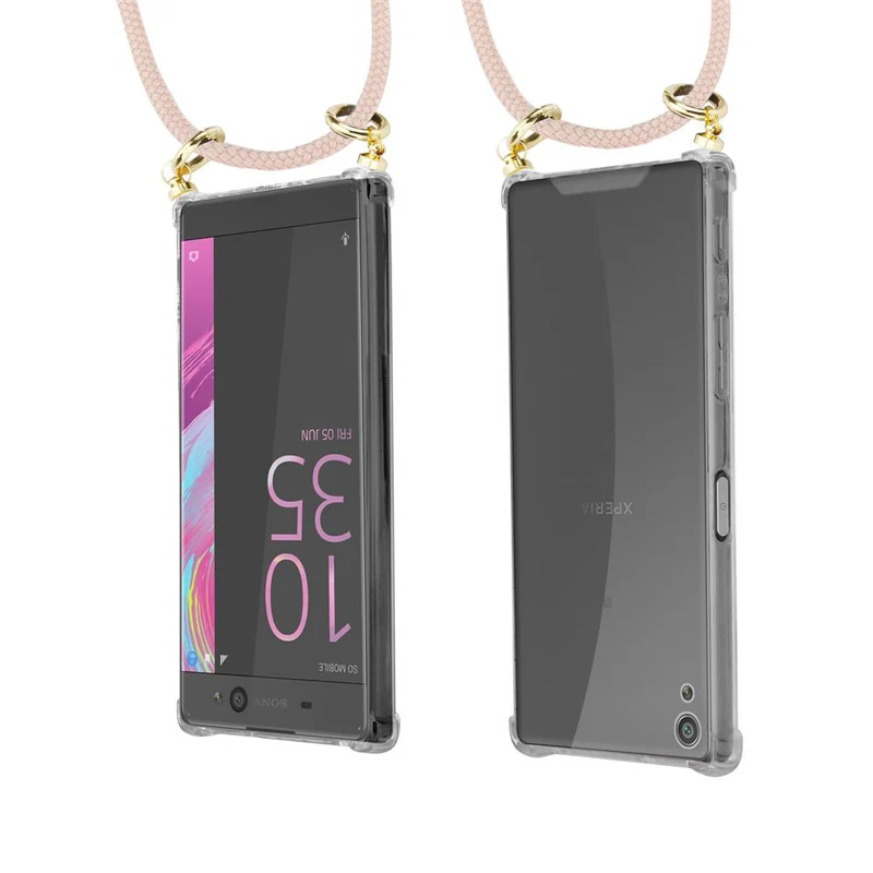 Cadorabo Handy Kette kompatibel mit Sony Xperia XA Silikon Schutzhülle mit Gold Ringen, Kordel Band und abnehmbarem Etui
