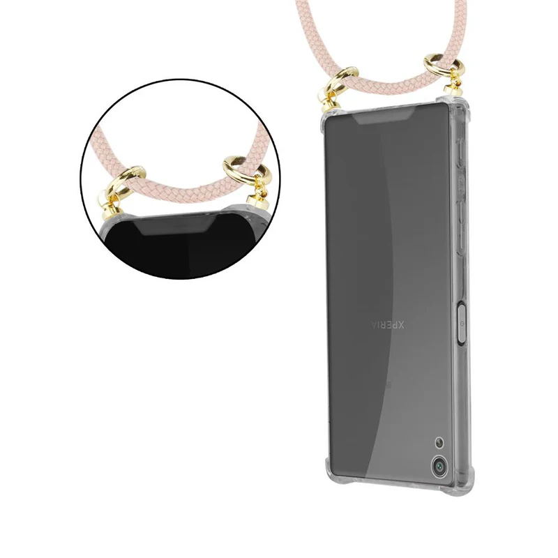 Cadorabo Handy Kette kompatibel mit Sony Xperia XA Silikon Schutzhülle mit Gold Ringen, Kordel Band und abnehmbarem Etui