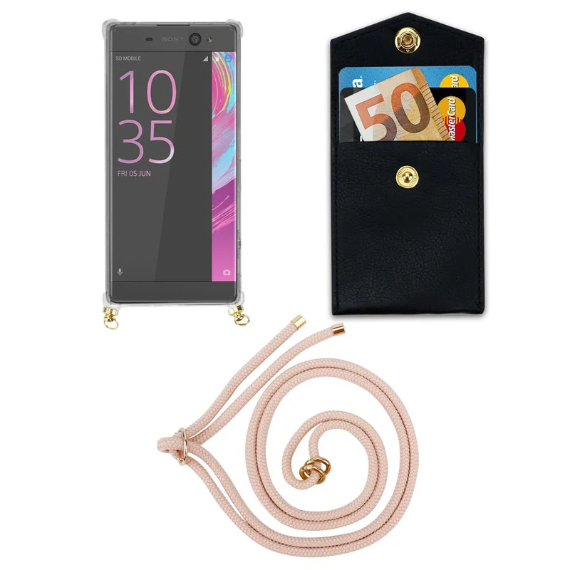 Cadorabo Handy Kette kompatibel mit Sony Xperia XA Silikon Schutzhülle mit Gold Ringen, Kordel Band und abnehmbarem Etui
