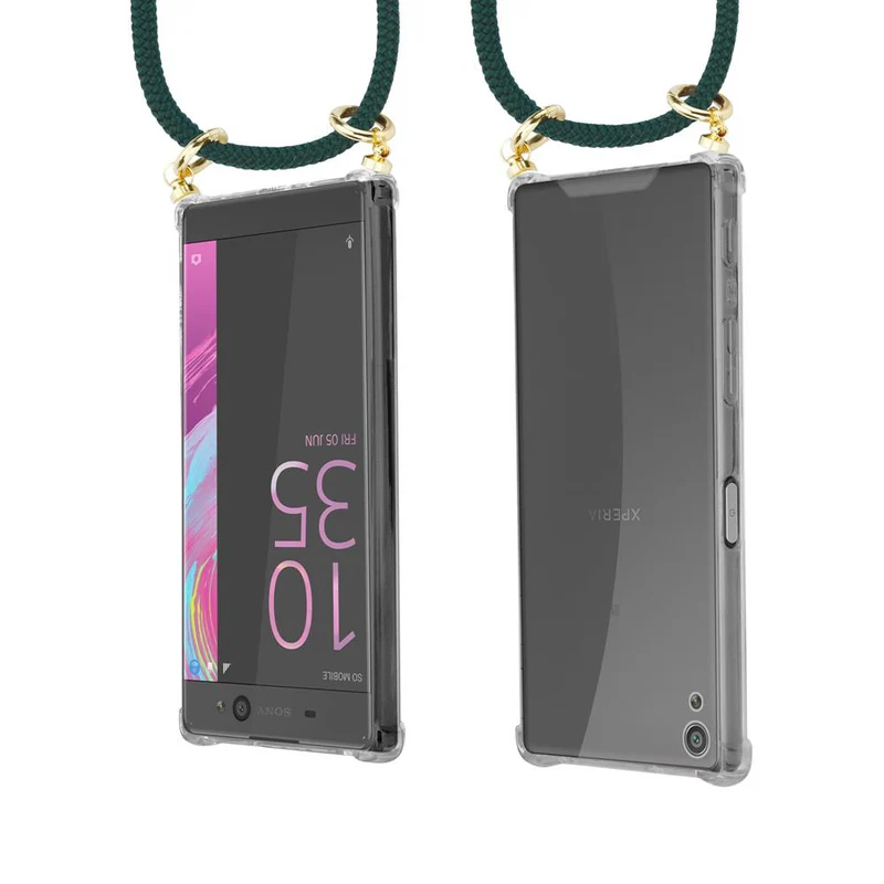 Cadorabo Handy Kette kompatibel mit Sony Xperia XA Silikon Schutzhülle mit Gold Ringen, Kordel Band und abnehmbarem Etui
