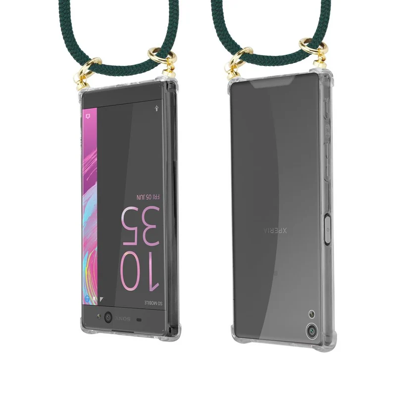Cadorabo Handy Kette kompatibel mit Sony Xperia XA Silikon Schutzhülle mit Gold Ringen, Kordel Band und abnehmbarem Etui
