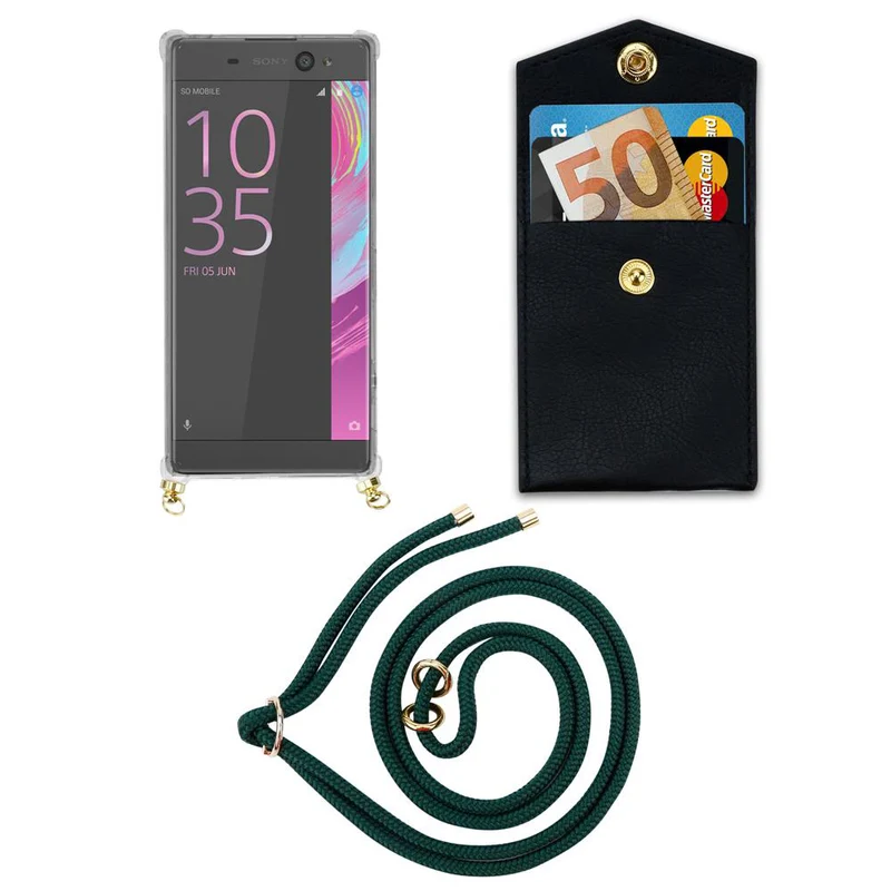 Cadorabo Handy Kette kompatibel mit Sony Xperia XA Silikon Schutzhülle mit Gold Ringen, Kordel Band und abnehmbarem Etui