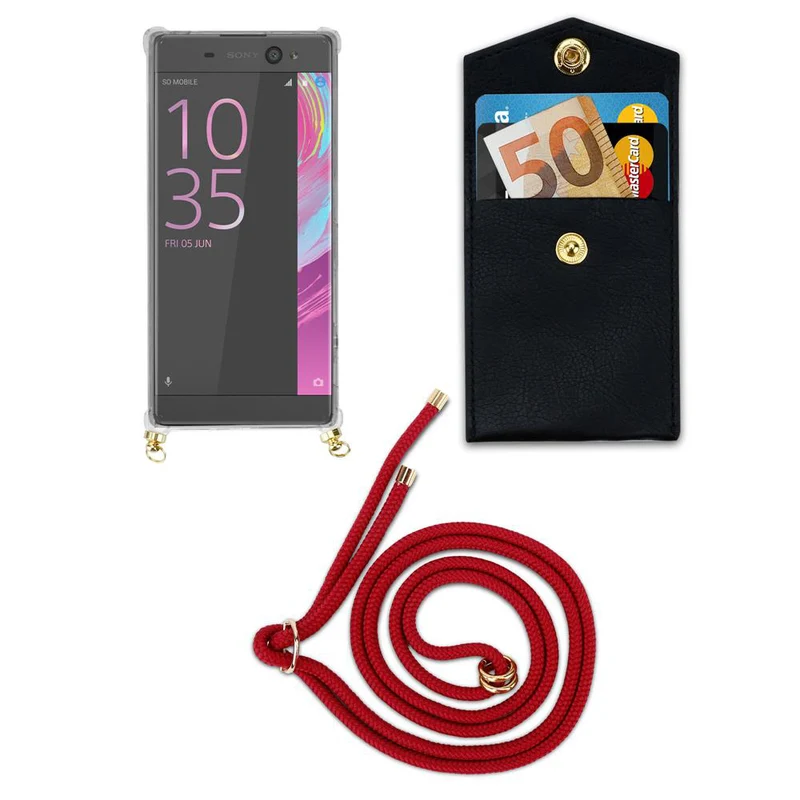 Cadorabo Handy Kette kompatibel mit Sony Xperia XA Silikon Schutzhülle mit Gold Ringen, Kordel Band und abnehmbarem Etui