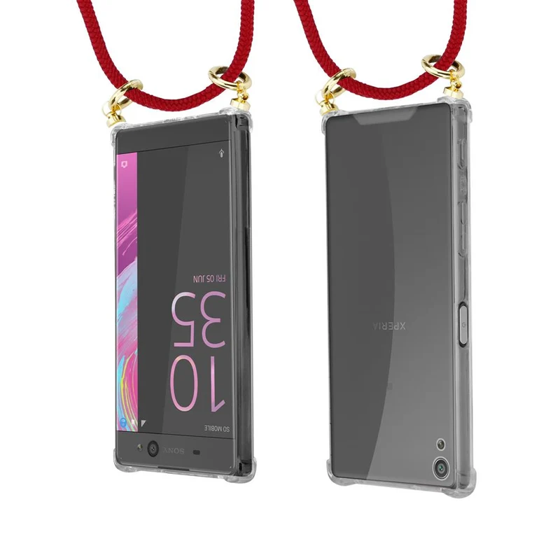 Cadorabo Handy Kette kompatibel mit Sony Xperia XA Silikon Schutzhülle mit Gold Ringen, Kordel Band und abnehmbarem Etui