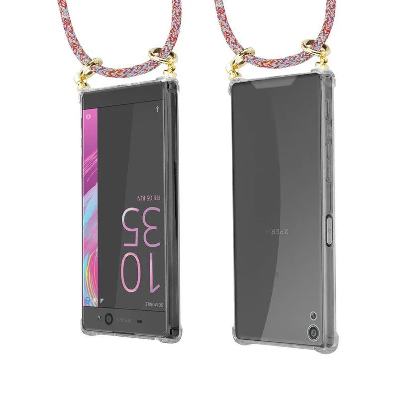Cadorabo Handy Kette kompatibel mit Sony Xperia XA Silikon Schutzhülle mit Gold Ringen, Kordel Band und abnehmbarem Etui