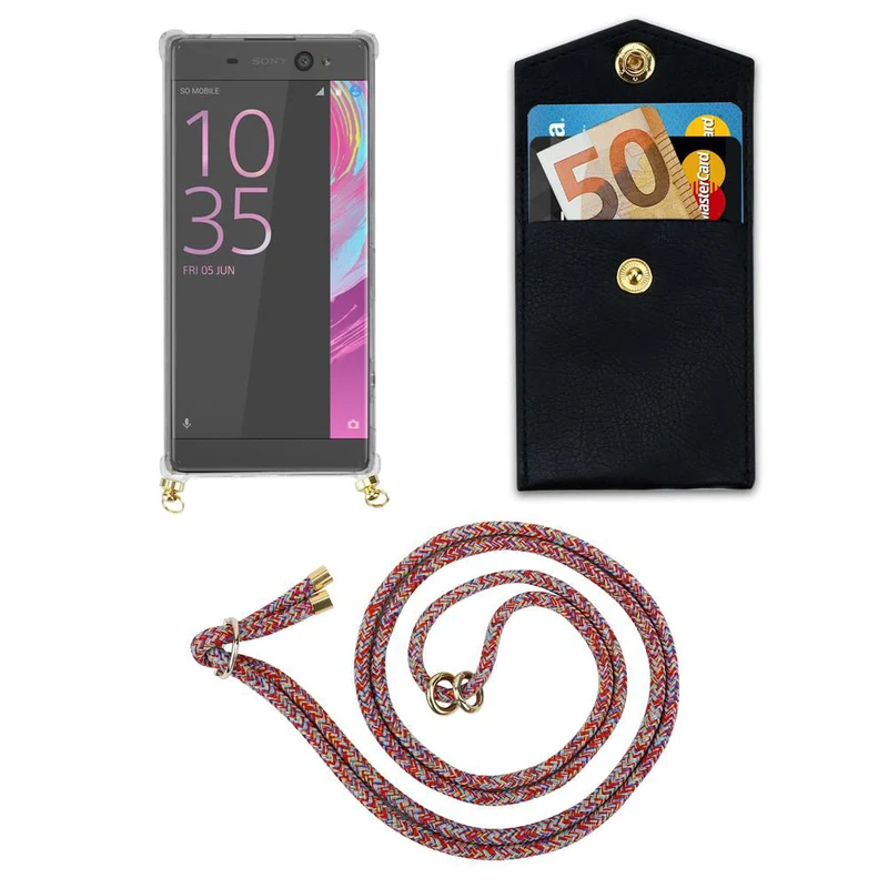 Cadorabo Handy Kette kompatibel mit Sony Xperia XA Silikon Schutzhülle mit Gold Ringen, Kordel Band und abnehmbarem Etui