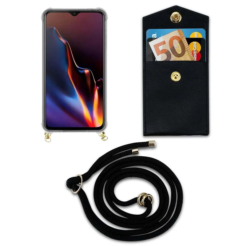 Cadorabo Handy Kette kompatibel mit OnePlus 6T Silikon Schutzhülle mit Gold Ringen, Kordel Band und abnehmbarem Etui
