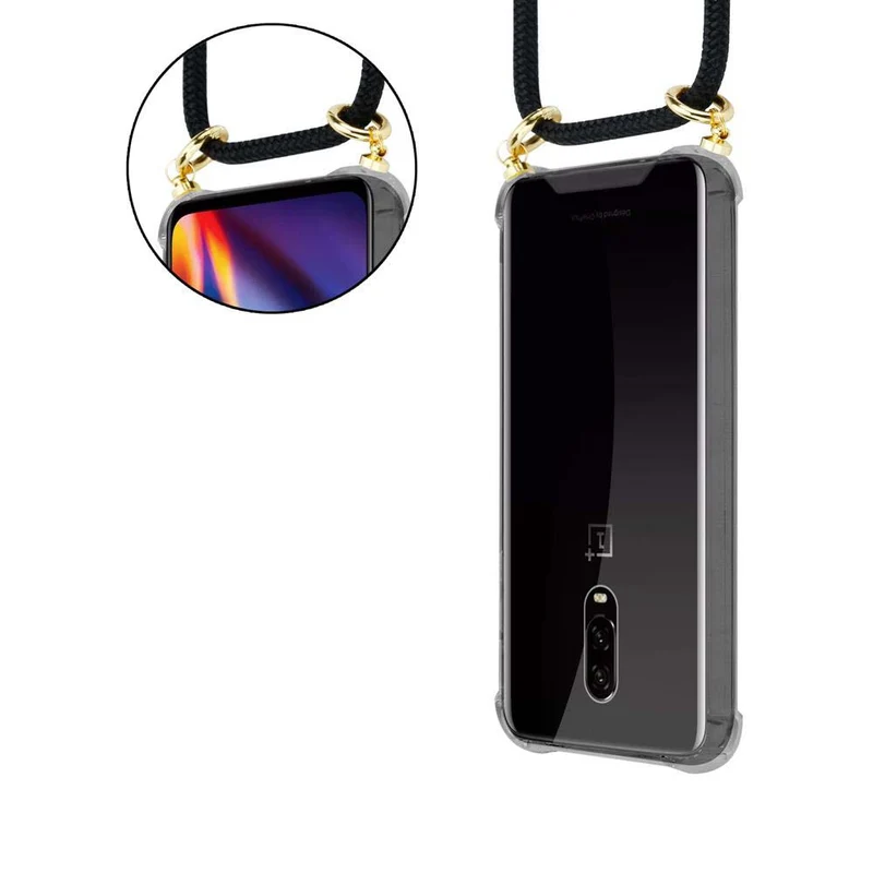 Cadorabo Handy Kette kompatibel mit OnePlus 6T Silikon Schutzhülle mit Gold Ringen, Kordel Band und abnehmbarem Etui