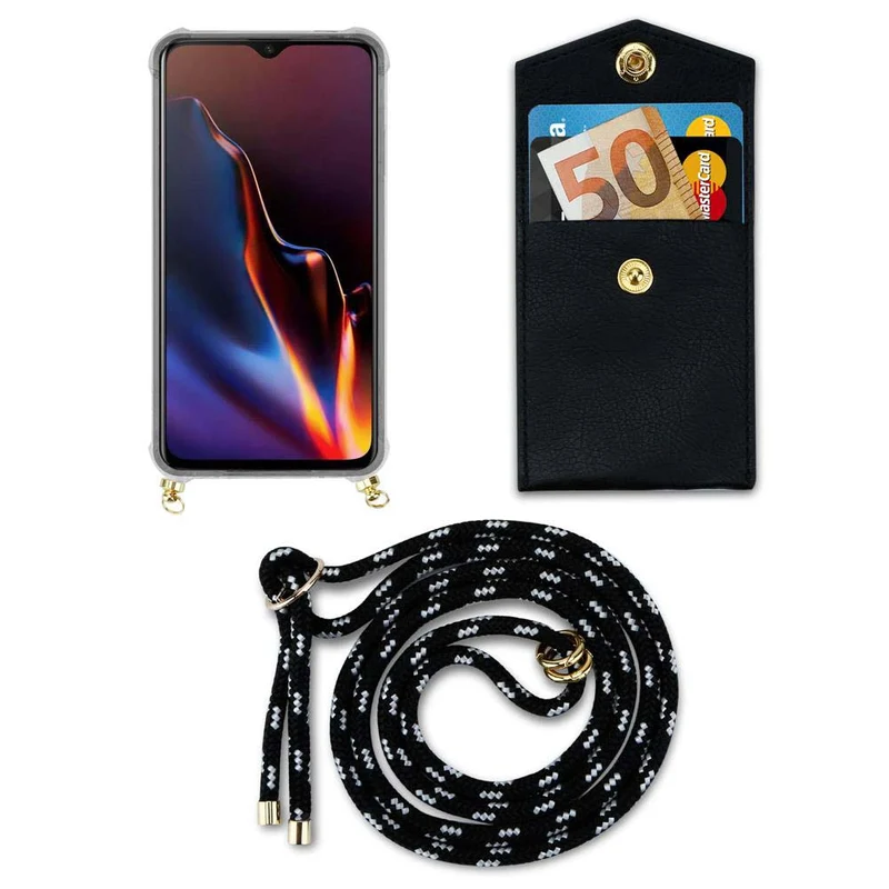 Cadorabo Handy Kette kompatibel mit OnePlus 6T Silikon Schutzhülle mit Gold Ringen, Kordel Band und abnehmbarem Etui