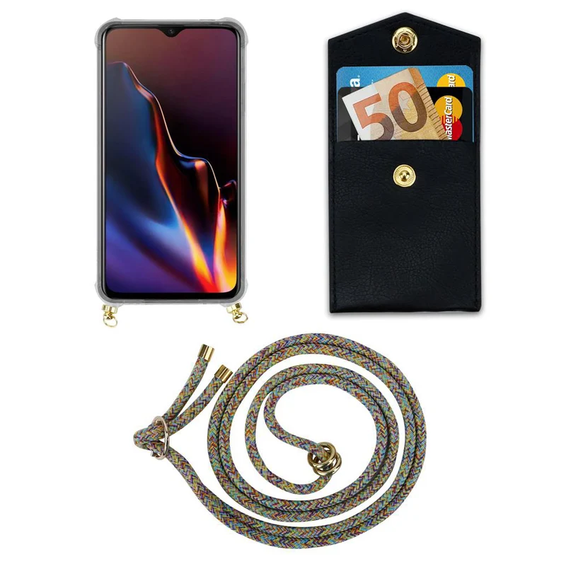 Cadorabo Handy Kette kompatibel mit OnePlus 6T Silikon Schutzhülle mit Gold Ringen, Kordel Band und abnehmbarem Etui