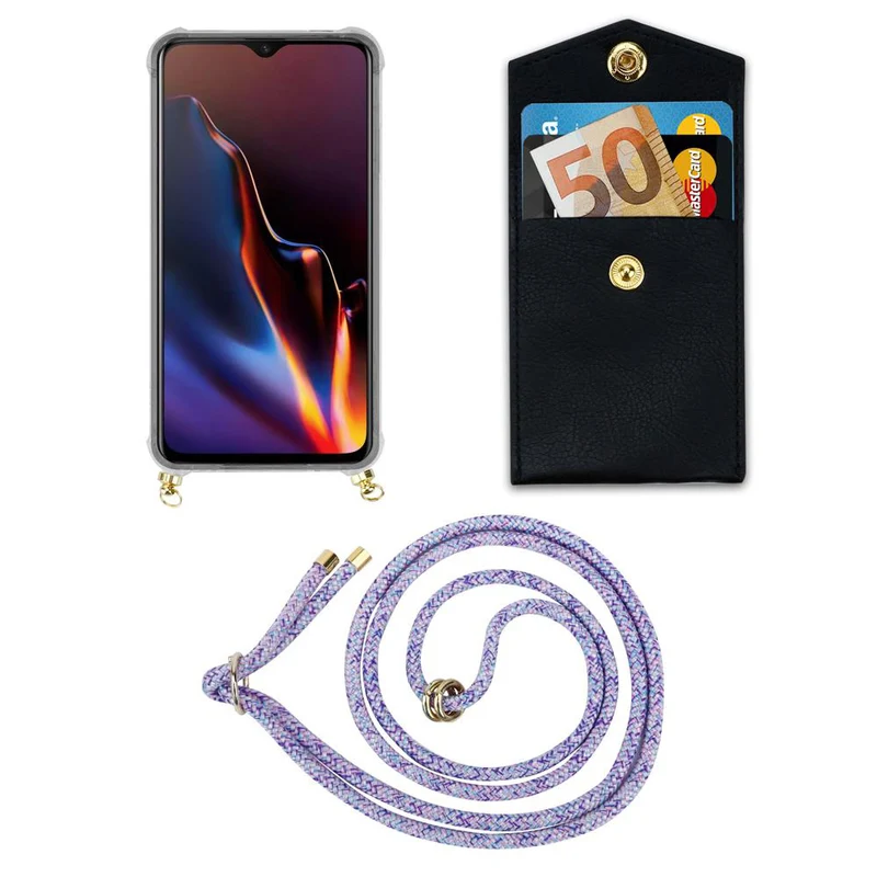 Cadorabo Handy Kette kompatibel mit OnePlus 6T Silikon Schutzhülle mit Gold Ringen, Kordel Band und abnehmbarem Etui
