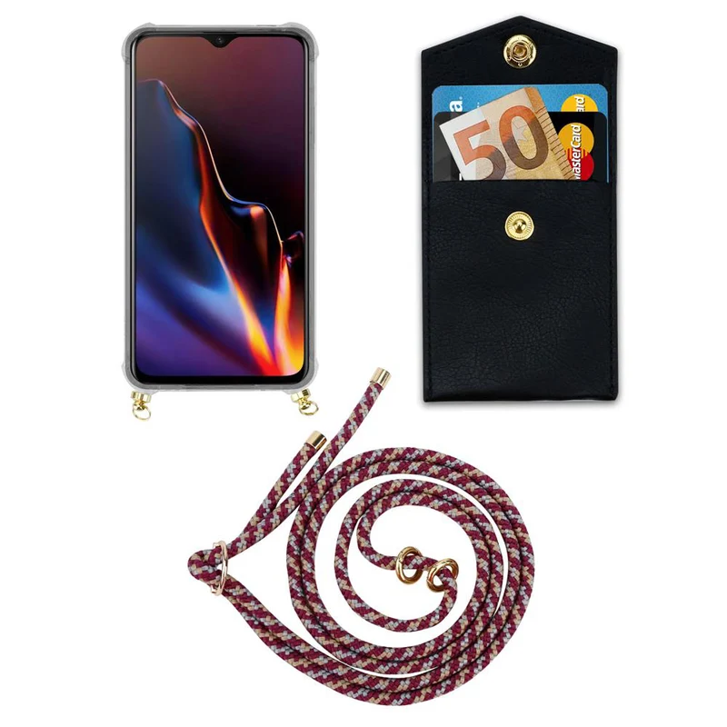 Cadorabo Handy Kette kompatibel mit OnePlus 6T Silikon Schutzhülle mit Gold Ringen, Kordel Band und abnehmbarem Etui