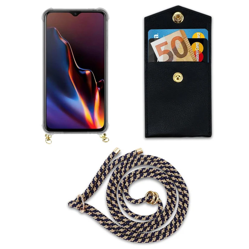 Cadorabo Handy Kette kompatibel mit OnePlus 6T Silikon Schutzhülle mit Gold Ringen, Kordel Band und abnehmbarem Etui