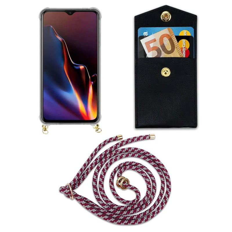 Cadorabo Handy Kette kompatibel mit OnePlus 6T Silikon Schutzhülle mit Gold Ringen, Kordel Band und abnehmbarem Etui