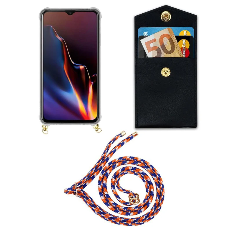 Cadorabo Handy Kette kompatibel mit OnePlus 6T Silikon Schutzhülle mit Gold Ringen, Kordel Band und abnehmbarem Etui