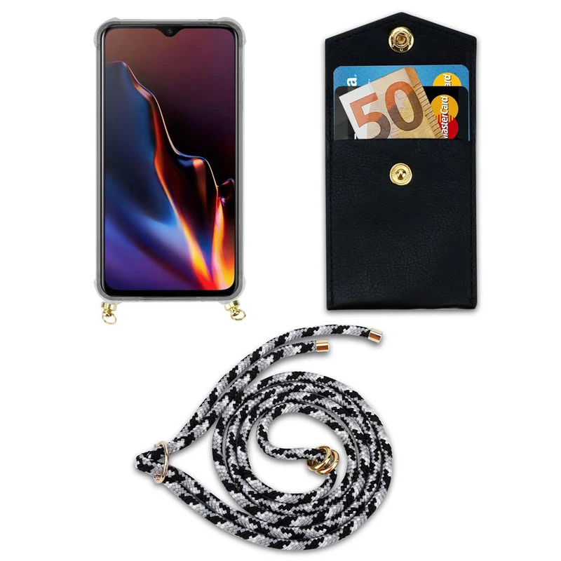 Cadorabo Handy Kette kompatibel mit OnePlus 6T Silikon Schutzhülle mit Gold Ringen, Kordel Band und abnehmbarem Etui
