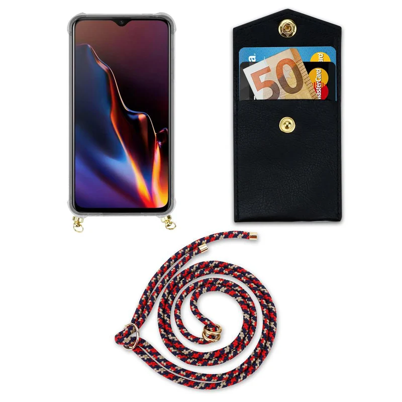 Cadorabo Handy Kette kompatibel mit OnePlus 6T Silikon Schutzhülle mit Gold Ringen, Kordel Band und abnehmbarem Etui