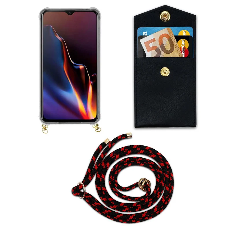 Cadorabo Handy Kette kompatibel mit OnePlus 6T Silikon Schutzhülle mit Gold Ringen, Kordel Band und abnehmbarem Etui