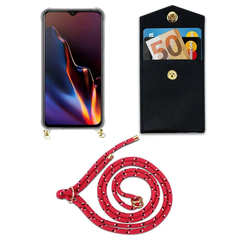 Cadorabo Handy Kette kompatibel mit OnePlus 6T Silikon Schutzhülle mit Gold Ringen, Kordel Band und abnehmbarem Etui