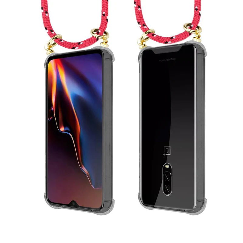 Cadorabo Handy Kette kompatibel mit OnePlus 6T Silikon Schutzhülle mit Gold Ringen, Kordel Band und abnehmbarem Etui