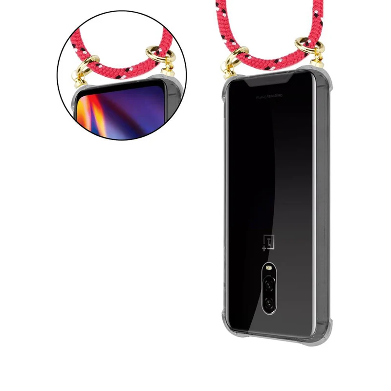 Cadorabo Handy Kette kompatibel mit OnePlus 6T Silikon Schutzhülle mit Gold Ringen, Kordel Band und abnehmbarem Etui