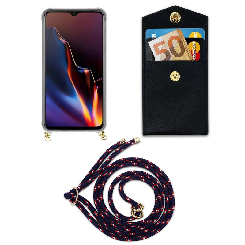 Cadorabo Handy Kette kompatibel mit OnePlus 6T Silikon Schutzhülle mit Gold Ringen, Kordel Band und abnehmbarem Etui