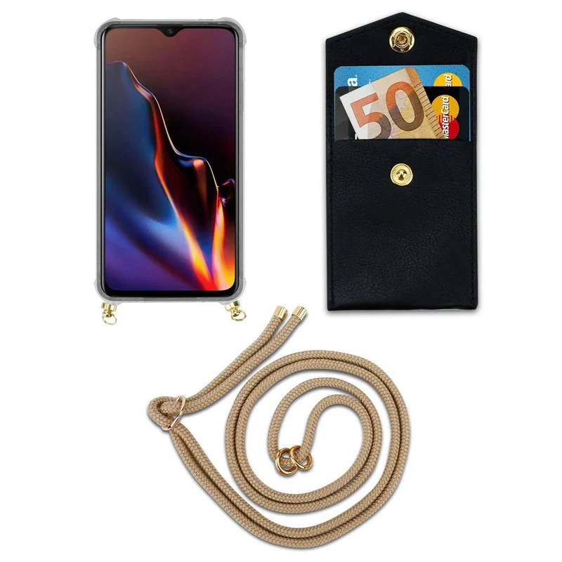 Cadorabo Handy Kette kompatibel mit OnePlus 6T Silikon Schutzhülle mit Gold Ringen, Kordel Band und abnehmbarem Etui