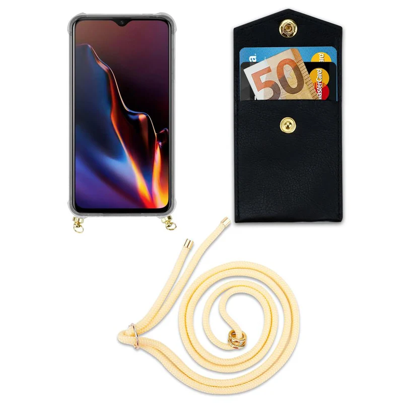 Cadorabo Handy Kette kompatibel mit OnePlus 6T Silikon Schutzhülle mit Gold Ringen, Kordel Band und abnehmbarem Etui