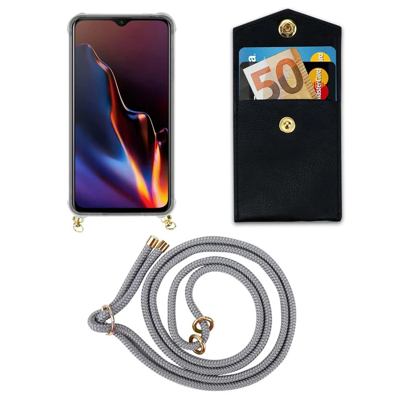 Cadorabo Handy Kette kompatibel mit OnePlus 6T Silikon Schutzhülle mit Gold Ringen, Kordel Band und abnehmbarem Etui