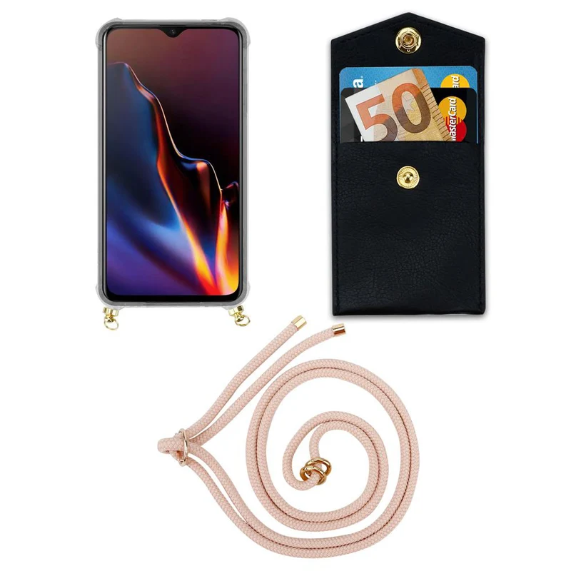 Cadorabo Handy Kette kompatibel mit OnePlus 6T Silikon Schutzhülle mit Gold Ringen, Kordel Band und abnehmbarem Etui