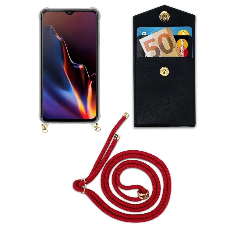 Cadorabo Handy Kette kompatibel mit OnePlus 6T Silikon Schutzhülle mit Gold Ringen, Kordel Band und abnehmbarem Etui