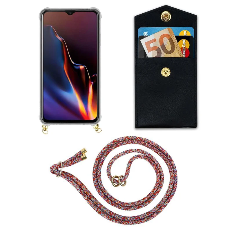 Cadorabo Handy Kette kompatibel mit OnePlus 6T Silikon Schutzhülle mit Gold Ringen, Kordel Band und abnehmbarem Etui