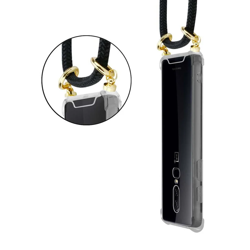 Cadorabo Handy Kette kompatibel mit OnePlus 6 Silikon Schutzhülle mit Gold Ringen, Kordel Band und abnehmbarem Etui