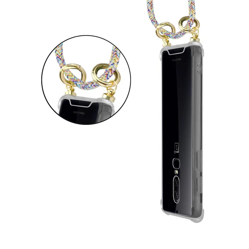 Cadorabo Handy Kette kompatibel mit OnePlus 6 Silikon Schutzhülle mit Gold Ringen, Kordel Band und abnehmbarem Etui