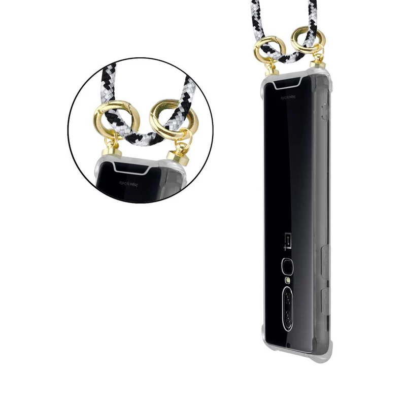 Cadorabo Handy Kette kompatibel mit OnePlus 6 Silikon Schutzhülle mit Gold Ringen, Kordel Band und abnehmbarem Etui