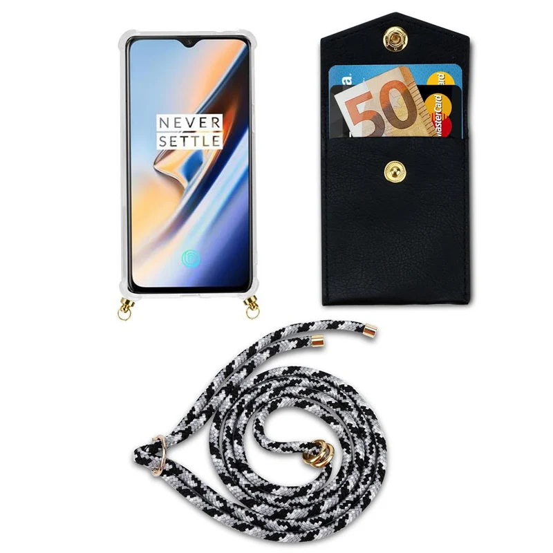Cadorabo Handy Kette kompatibel mit OnePlus 6 Silikon Schutzhülle mit Gold Ringen, Kordel Band und abnehmbarem Etui