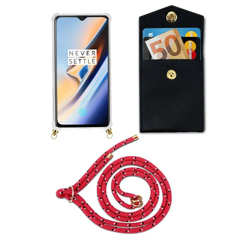 Cadorabo Handy Kette kompatibel mit OnePlus 6 Silikon Schutzhülle mit Gold Ringen, Kordel Band und abnehmbarem Etui