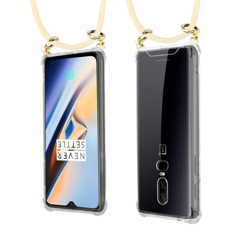 Cadorabo Handy Kette kompatibel mit OnePlus 6 Silikon Schutzhülle mit Gold Ringen, Kordel Band und abnehmbarem Etui