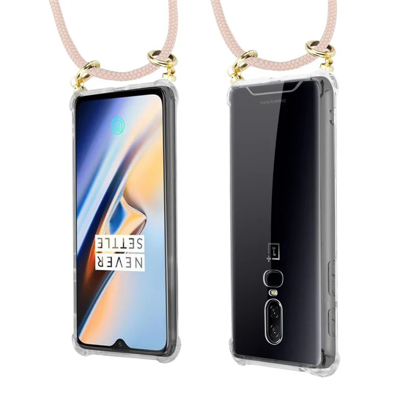 Cadorabo Handy Kette kompatibel mit OnePlus 6 Silikon Schutzhülle mit Gold Ringen, Kordel Band und abnehmbarem Etui