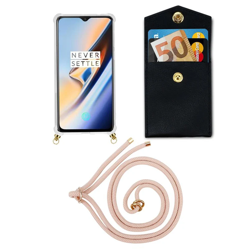 Cadorabo Handy Kette kompatibel mit OnePlus 6 Silikon Schutzhülle mit Gold Ringen, Kordel Band und abnehmbarem Etui