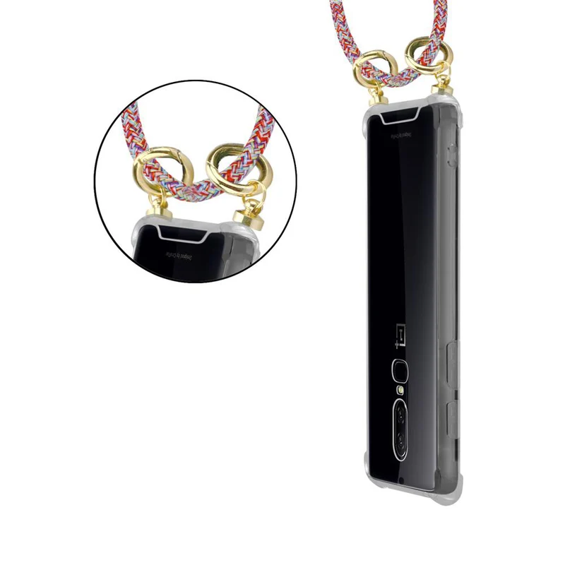 Cadorabo Handy Kette kompatibel mit OnePlus 6 Silikon Schutzhülle mit Gold Ringen, Kordel Band und abnehmbarem Etui