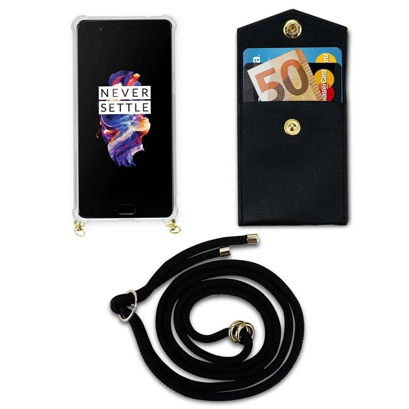 Cadorabo Handy Kette kompatibel mit OnePlus 5 Silikon Schutzhülle mit Gold Ringen, Kordel Band und abnehmbarem Etui